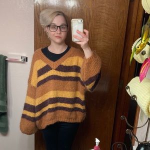 Oversized Fuzzy Striped V Neck Sweater form Dolls Kill